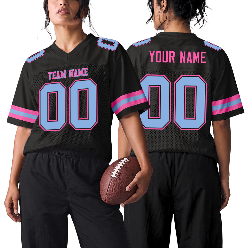 Custom Black Light Blue-Pink Mesh Football Jersey