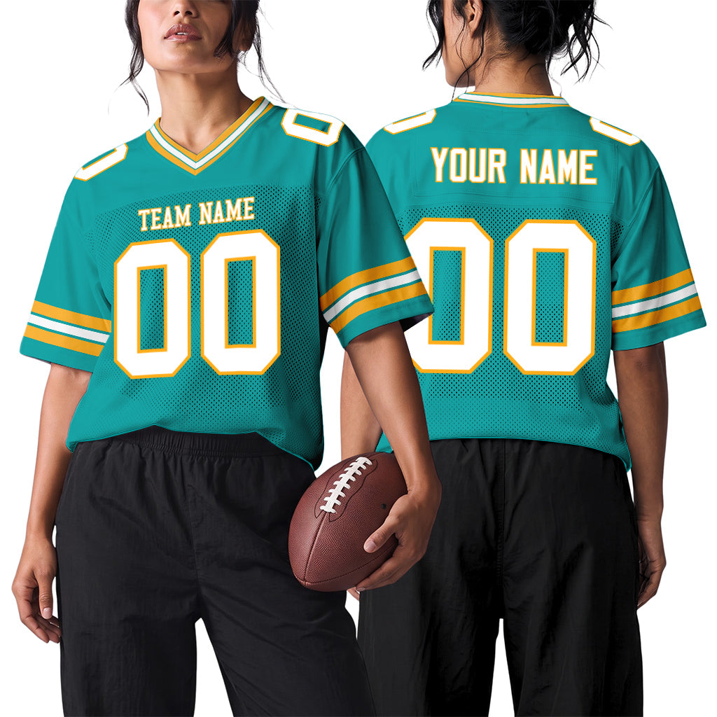 Custom Aqua White-Yellow Football Jersey