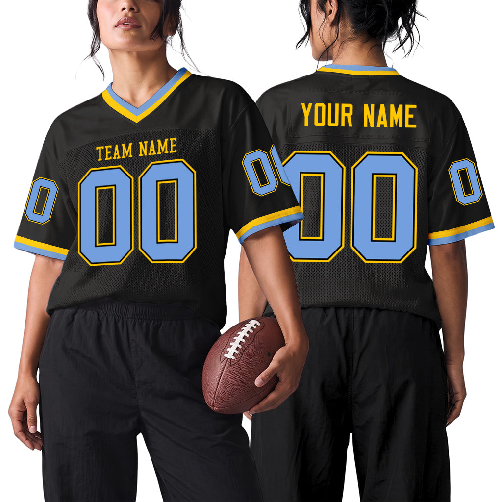 Custom Black Light Blue-Gold Mesh Throwback Mesh Football Jersey