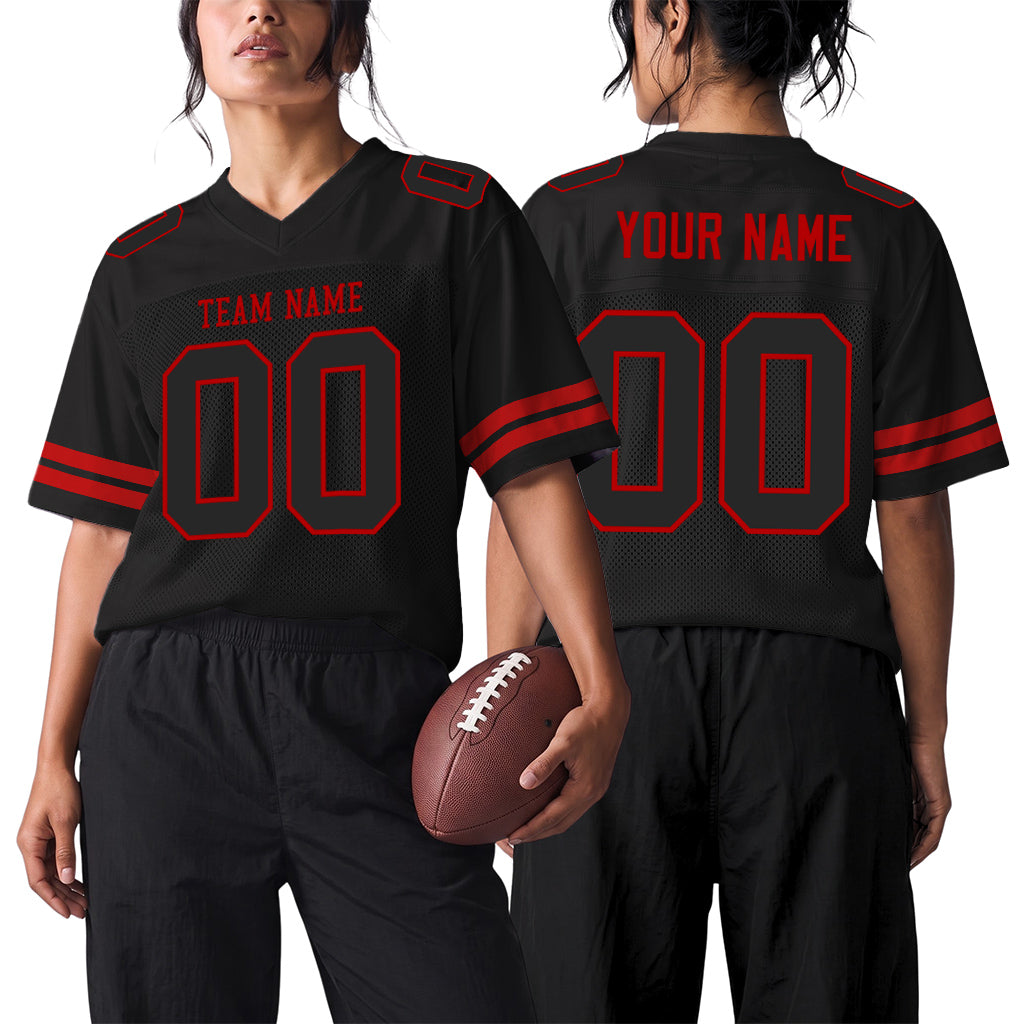 Custom Black Black-Red Custom Name Mesh Football Jersey