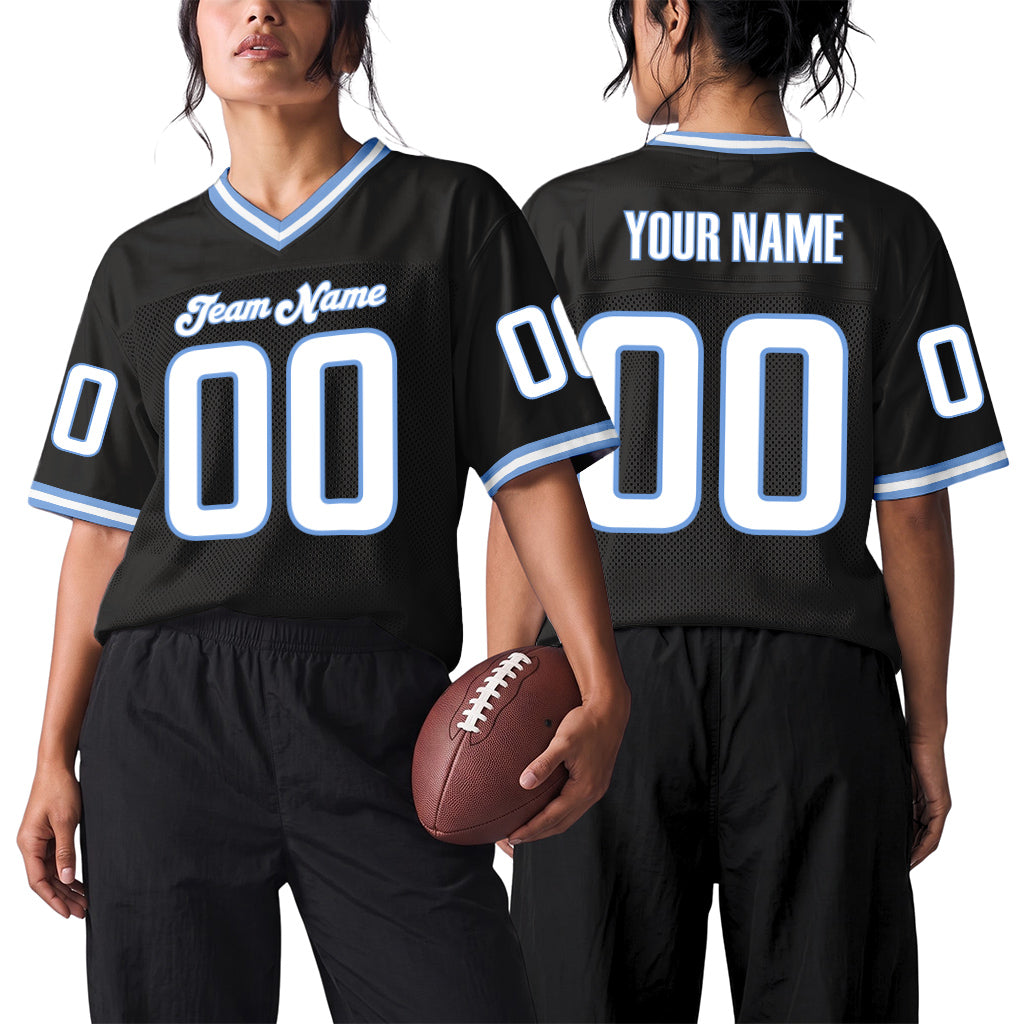 Custom Black White-Light Blue Mesh Throwback Mesh Football Jersey
