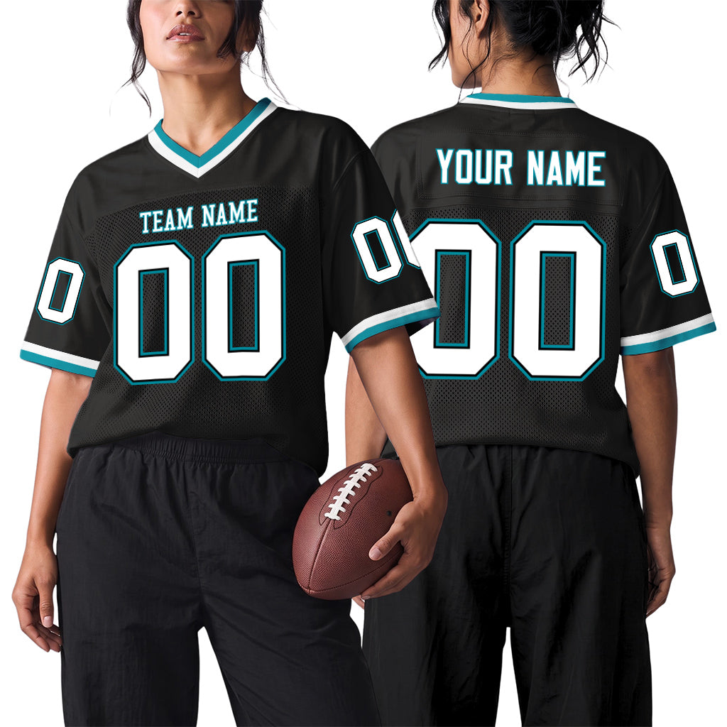 Custom Black White-Teal Mesh Throwback Mesh Football Jersey