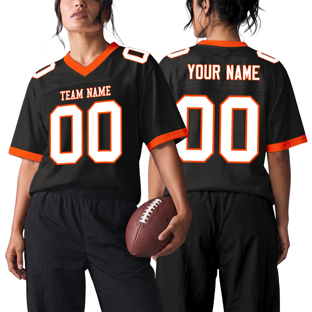Custom Black White-Orange Mesh Football Jersey