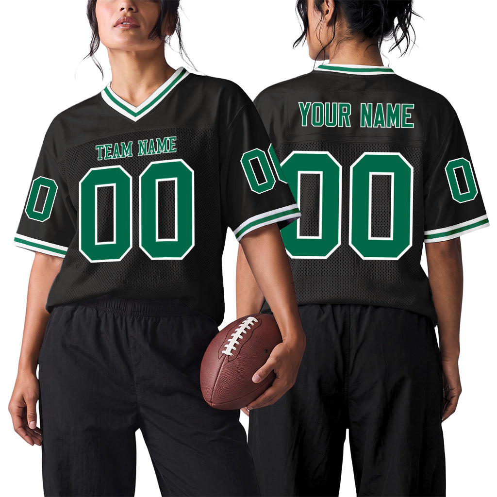 Custom Black Kelly Green-White Mesh Throwback Mesh Football Jersey