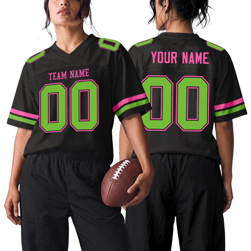 Custom Black Neon Green-Pink Mesh Football Jersey