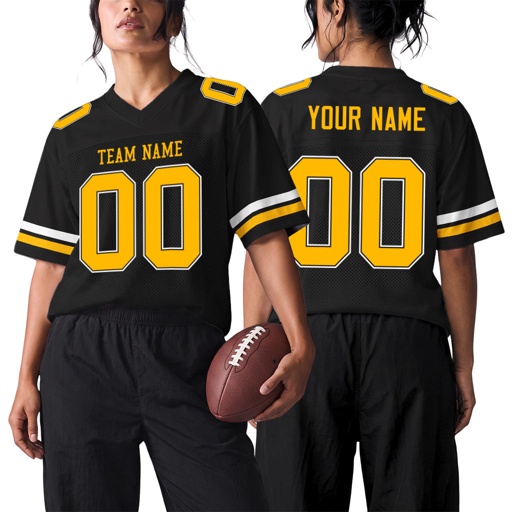Custom Black Gold-White Mesh Football Jersey