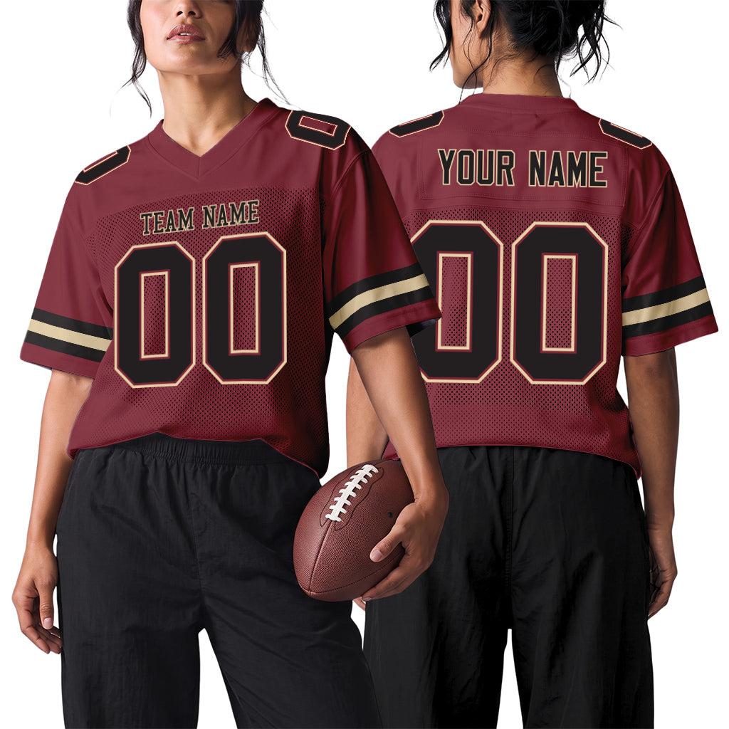 Custom Burgundy Black-Cream Mesh Football Jersey
