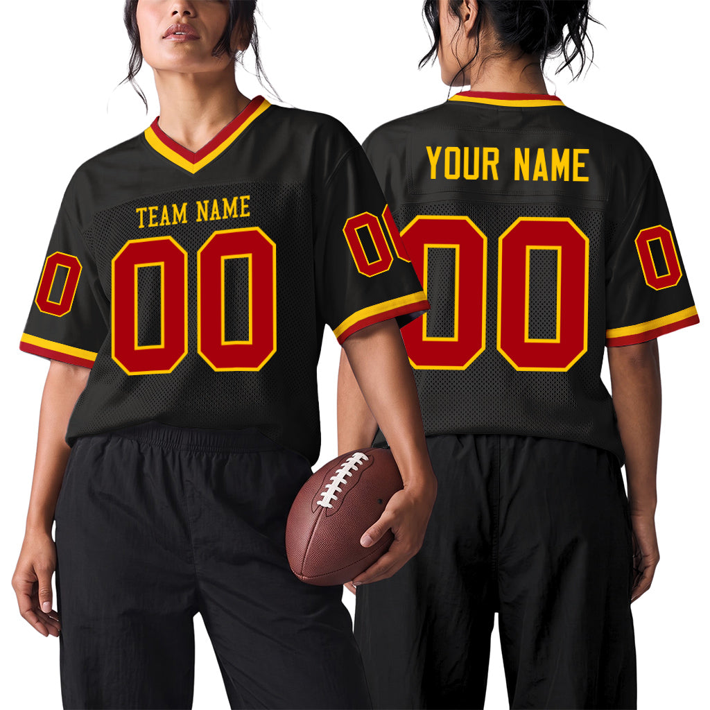 Custom Black Red-Gold Mesh Throwback Mesh Football Jersey