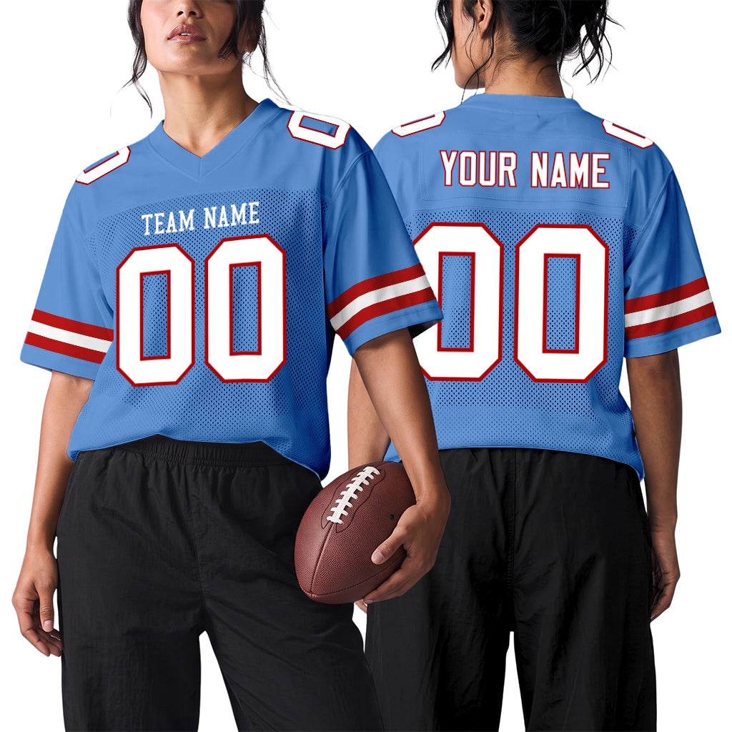 Custom Light Blue White-Red Mesh Football Jersey