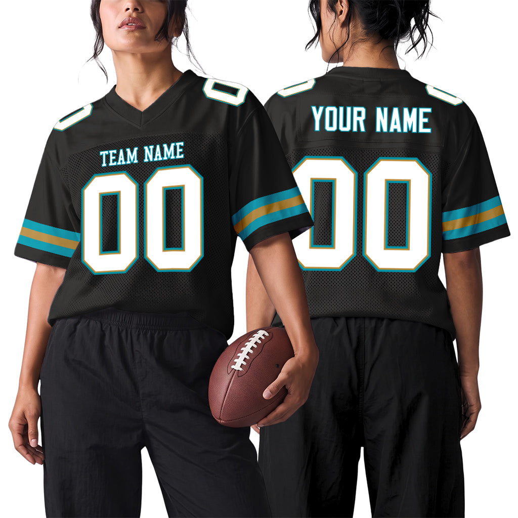 Custom Black White-Teal Mesh Football Jersey