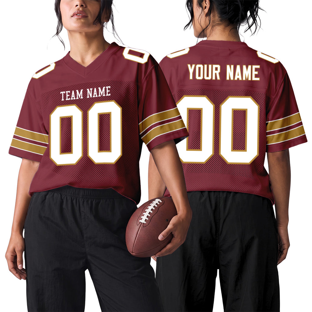 Custom Burgundy White-Old Gold Mesh Football Jersey