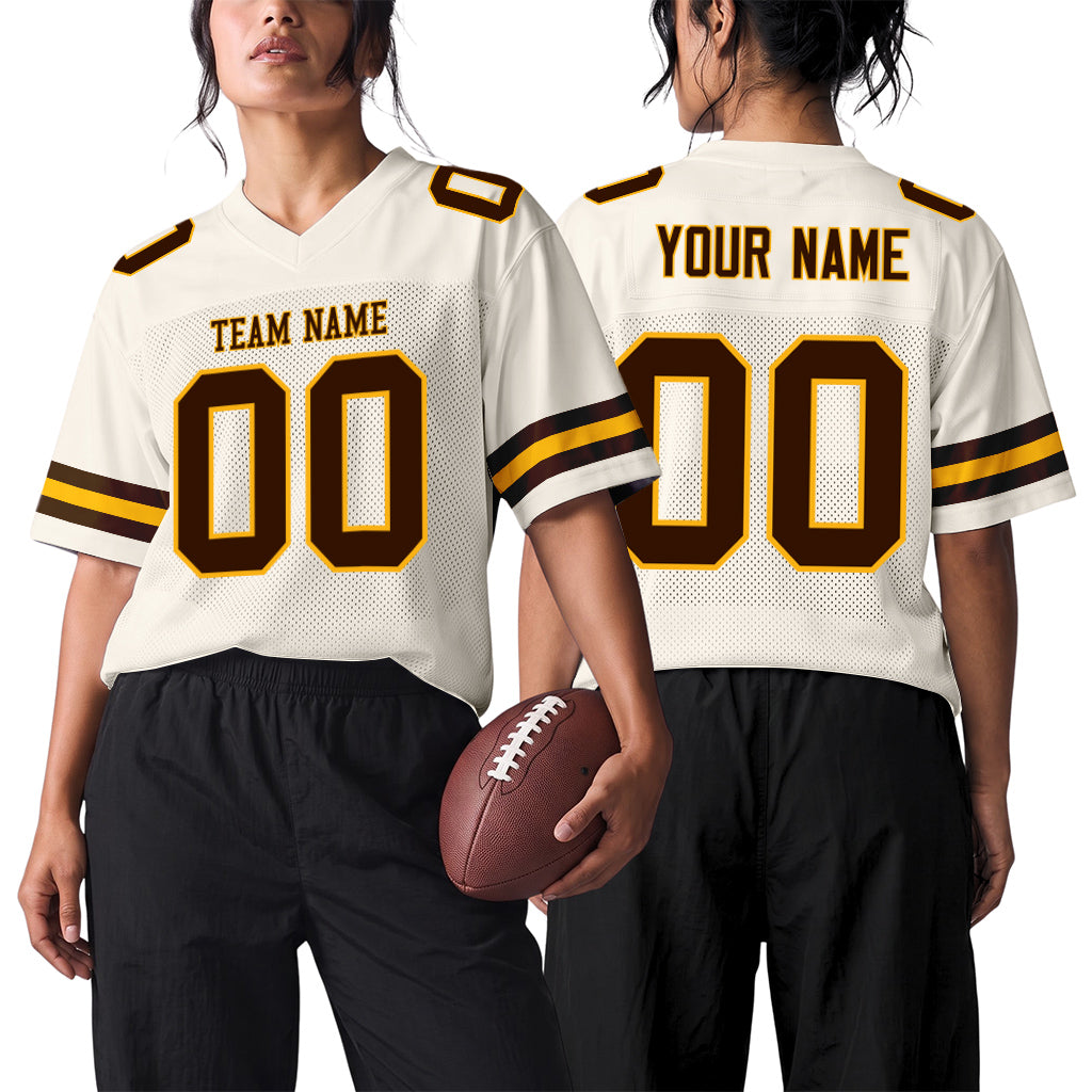 Custom Cream Brown-Gold Mesh Football Jersey