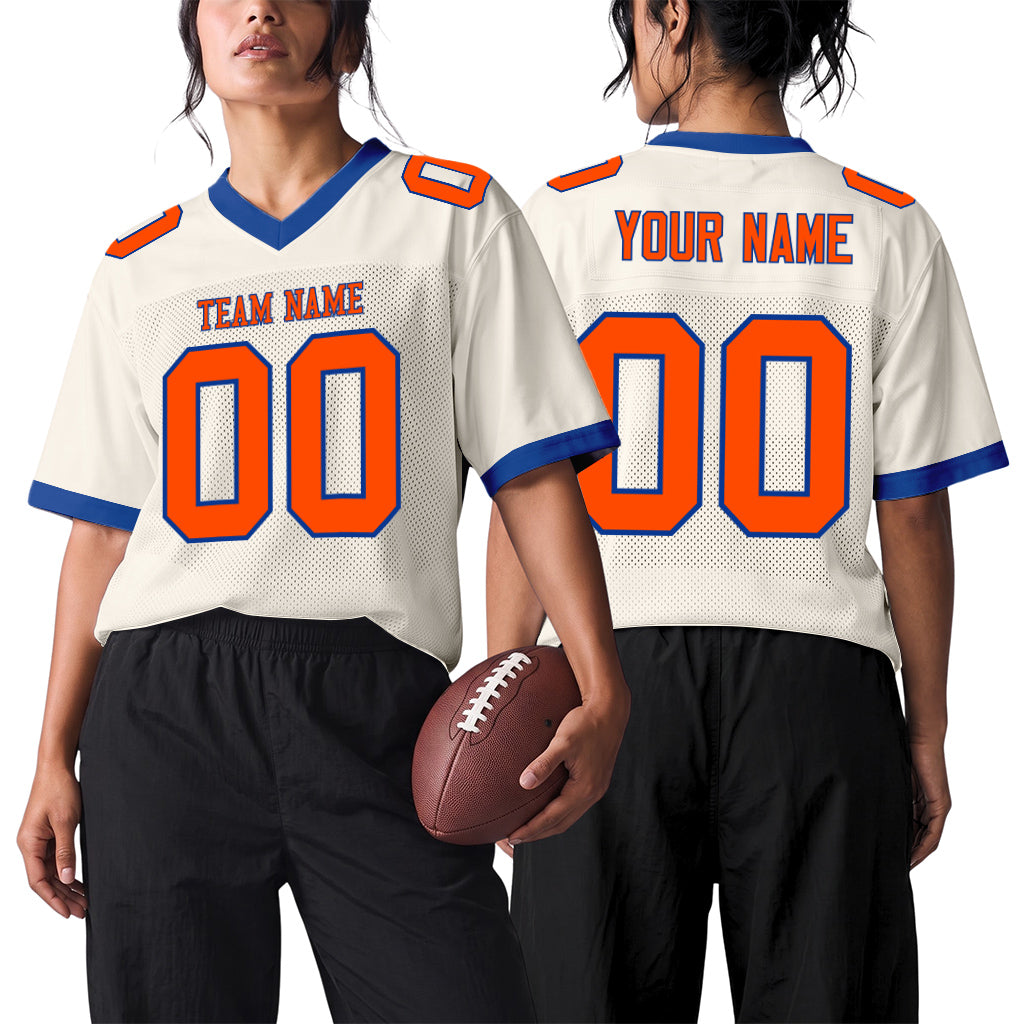 Custom Cream Orange-Royal Mesh Football Jersey
