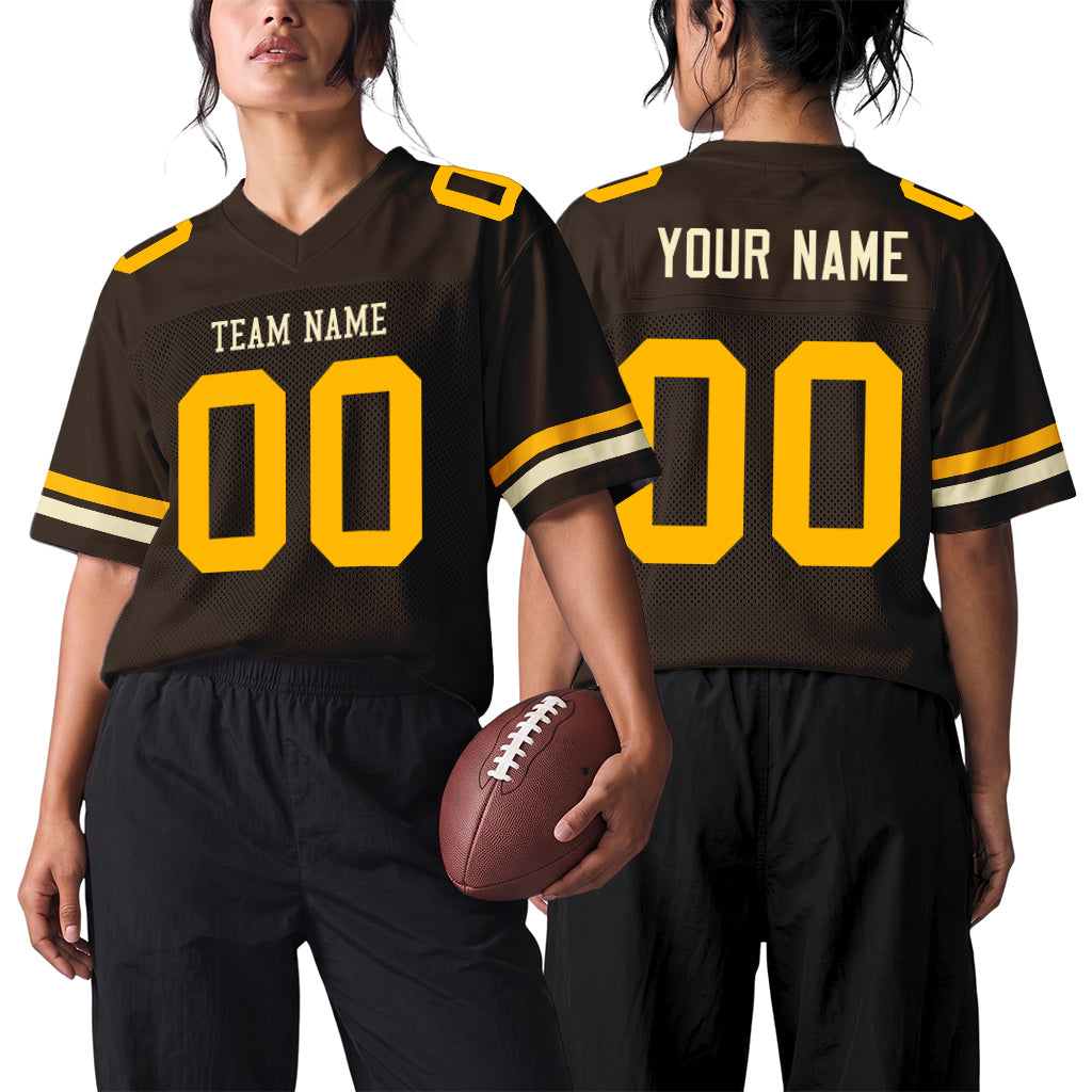 Custom Brown Gold-Cream Mesh Football Jersey