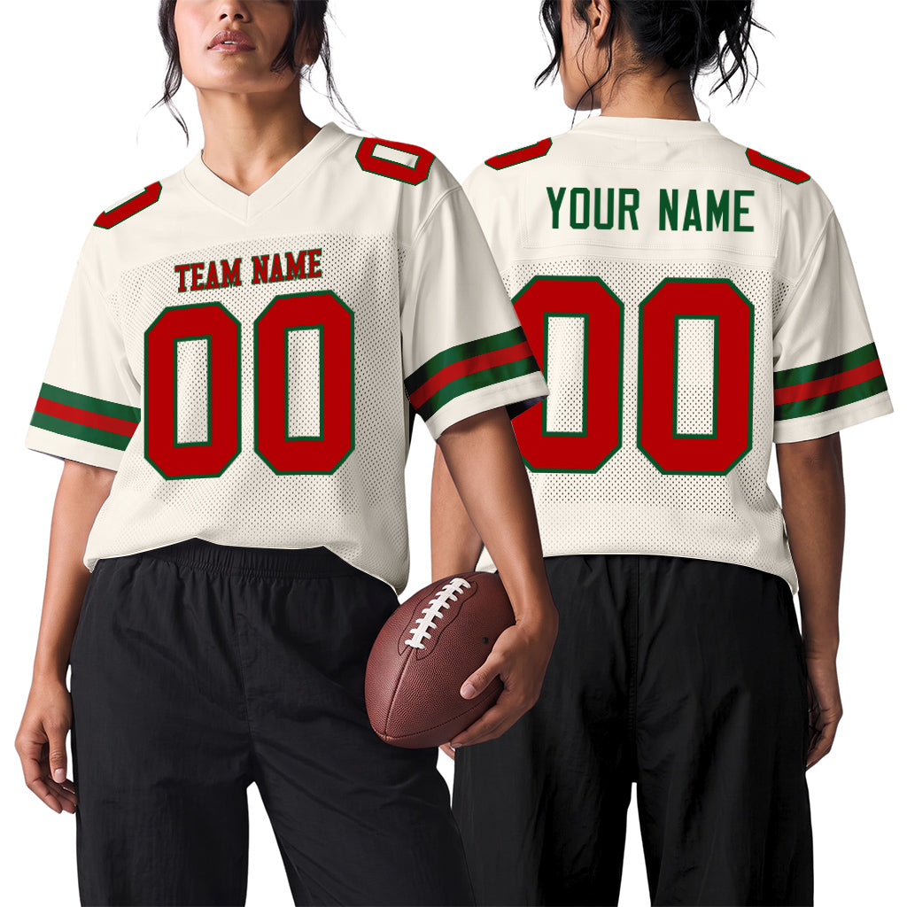Custom Cream Red-Green Mesh Football Jersey