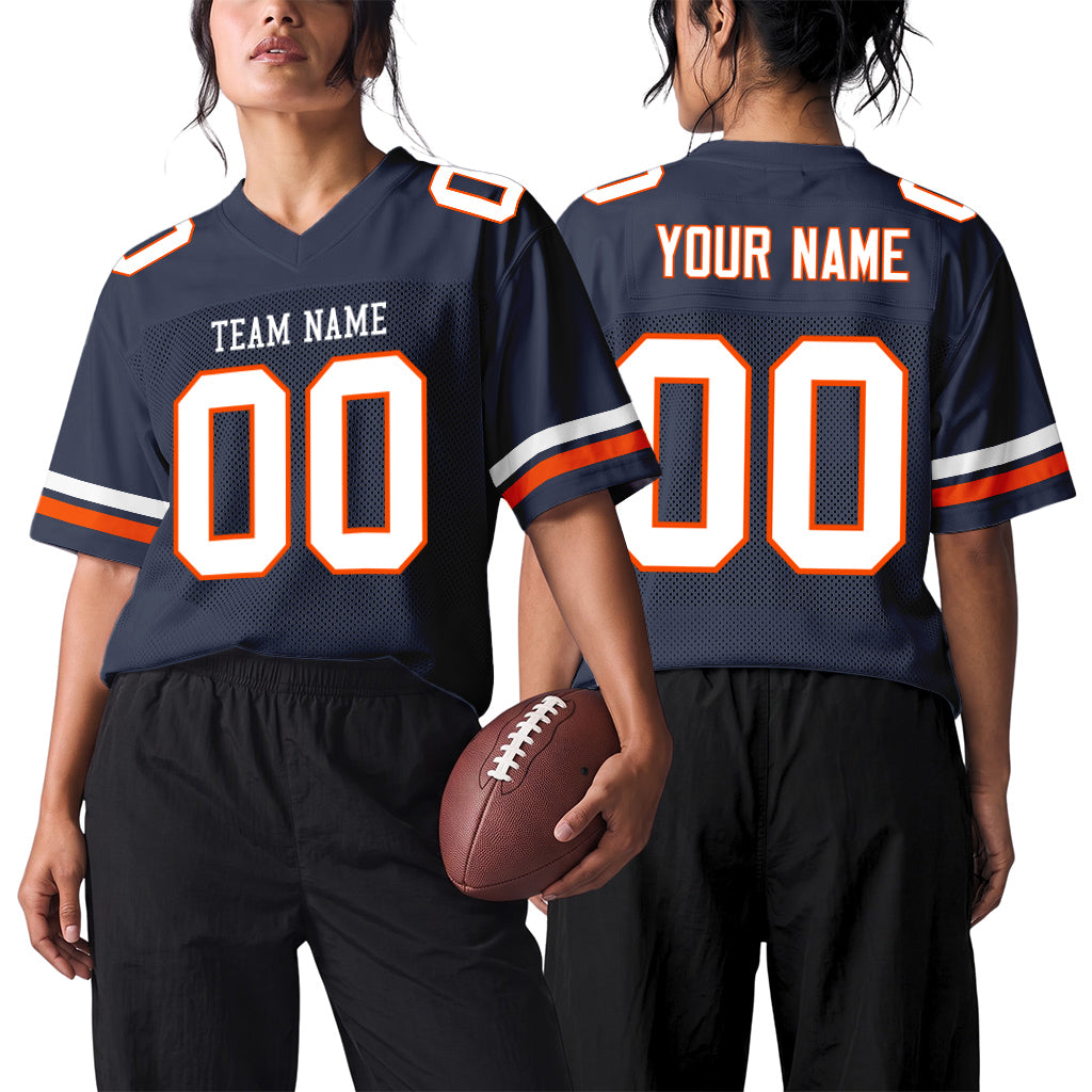 Custom Navy White-Orange Mesh Football Jersey