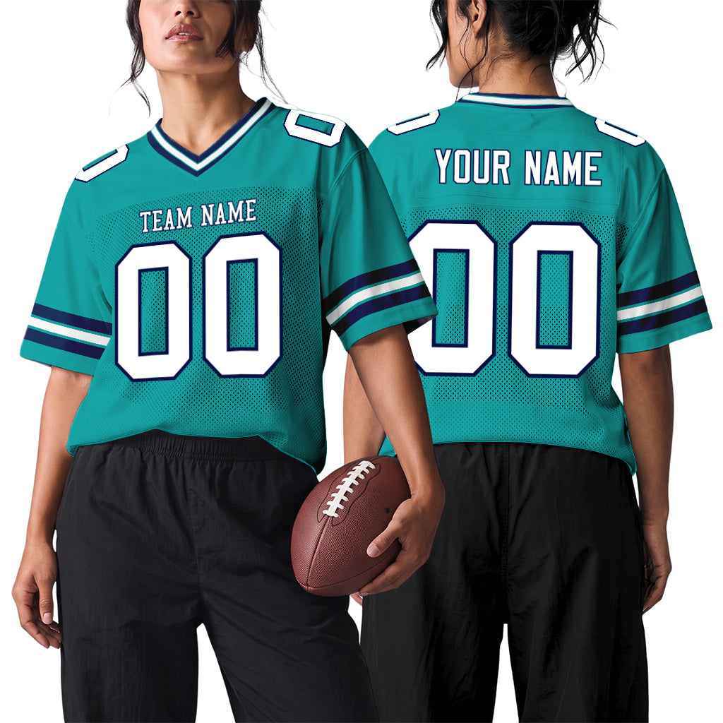 Custom Aqua White-Navy Mesh Football Jersey