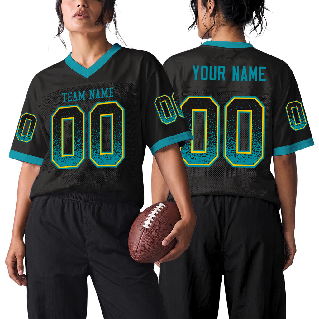 Custom Black Teal-Yellow Mesh Drift Fashion Mesh Football Jersey
