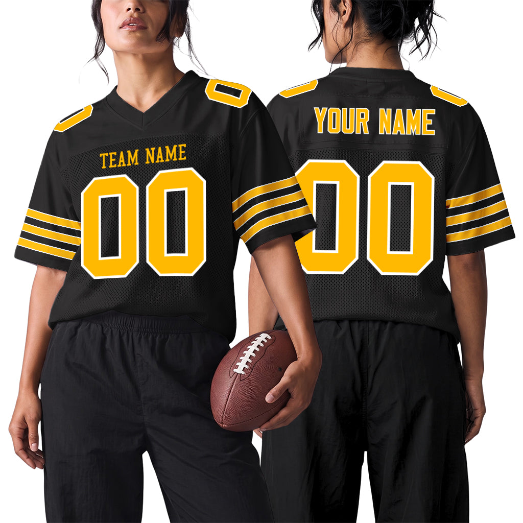 Custom Black Gold-White Mesh Football Jersey