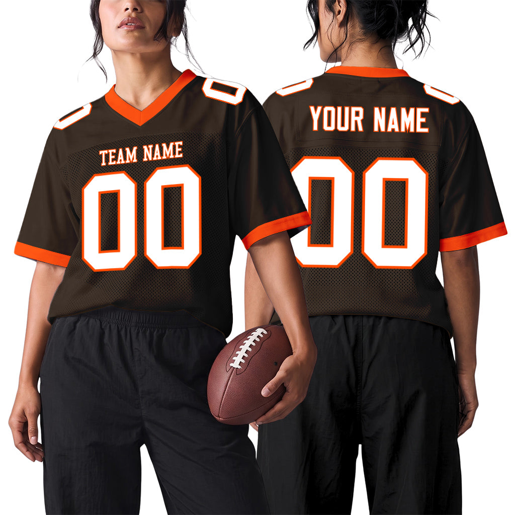 Custom Brown White-Orange Mesh Football Jersey