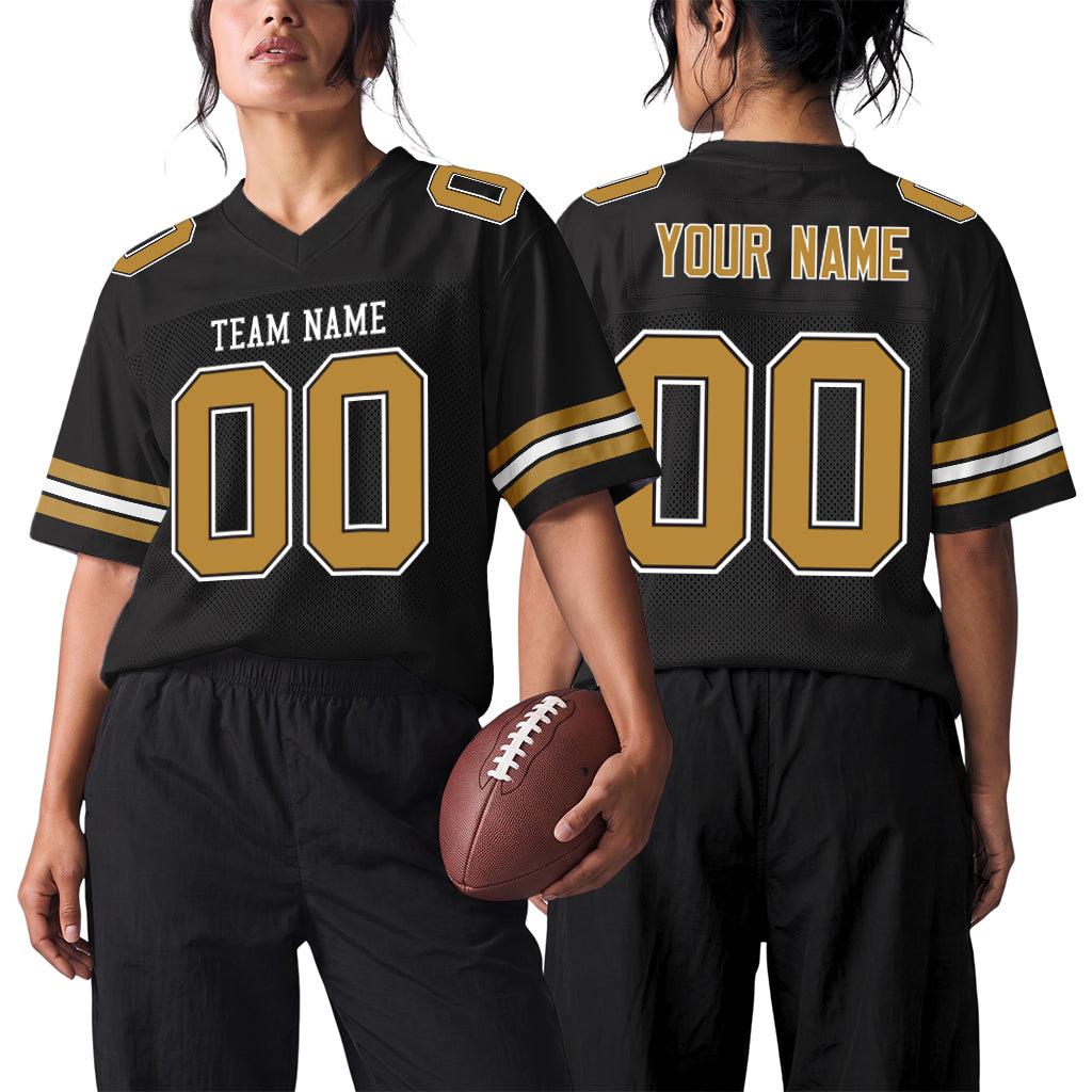 Custom Black Old Gold-White Mesh Football Jersey
