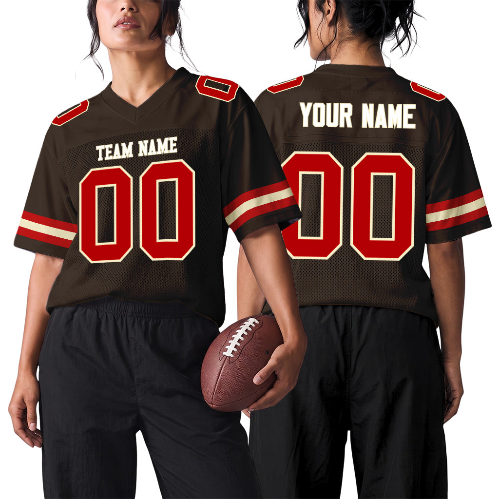 Custom Brown Red-Cream Mesh Football Jersey