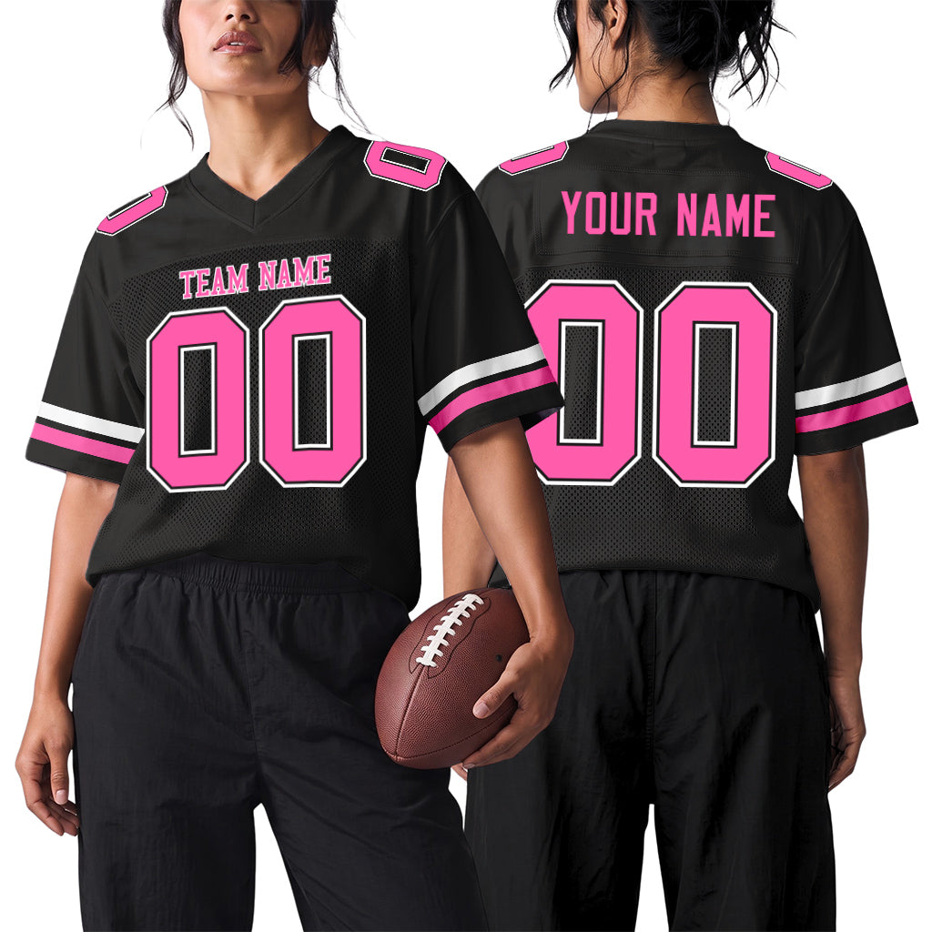 Custom Black Pink-White Custom Name Mesh Football Jersey