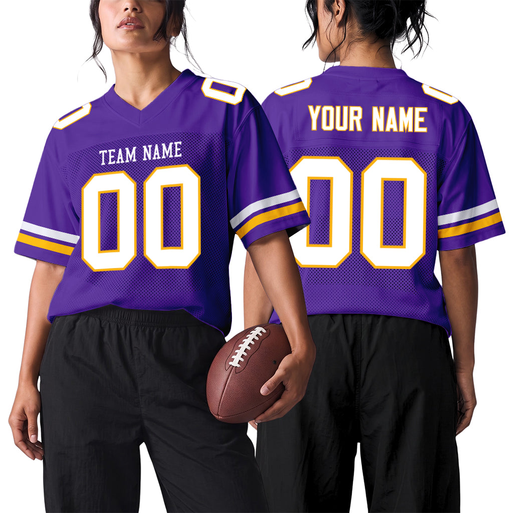 Custom Purple White-Gold Mesh Football Jersey