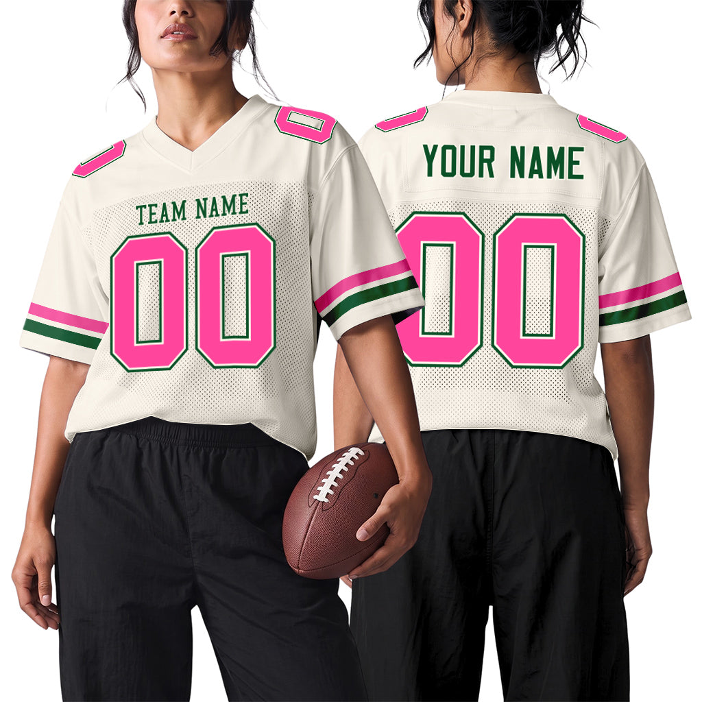 Custom Cream Pink-Kelly Green Mesh Football Jersey