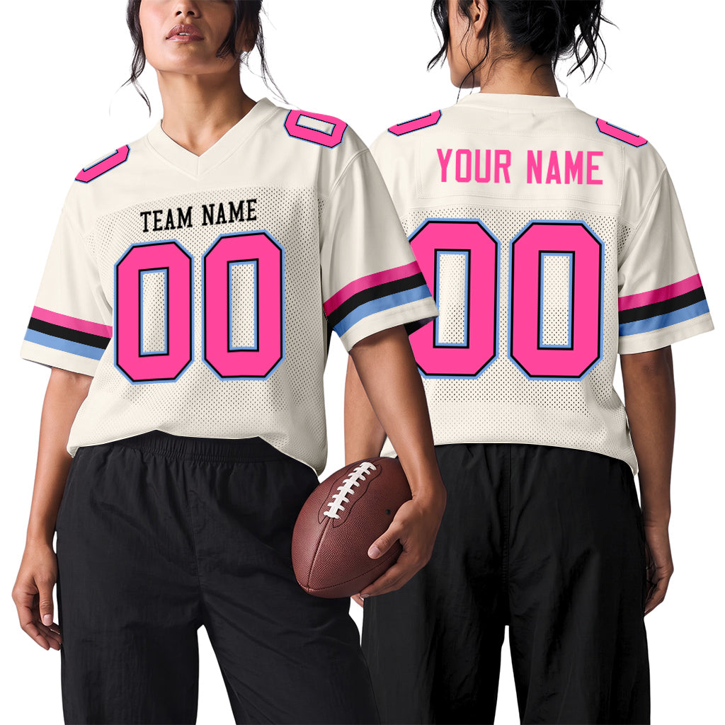 Custom Cream Pink Black-Light Blue Mesh Football Jersey