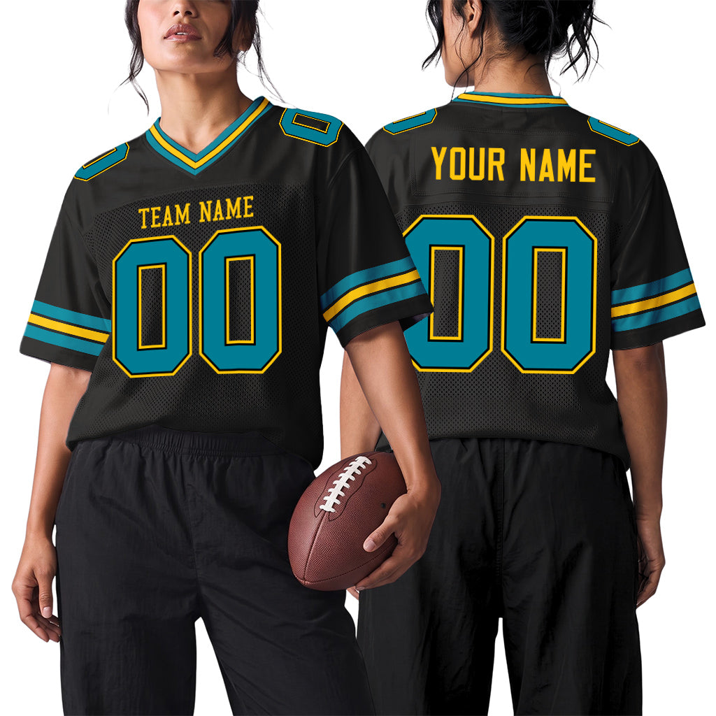 Custom Black Teal-Yellow Custom Name Mesh Football Jersey