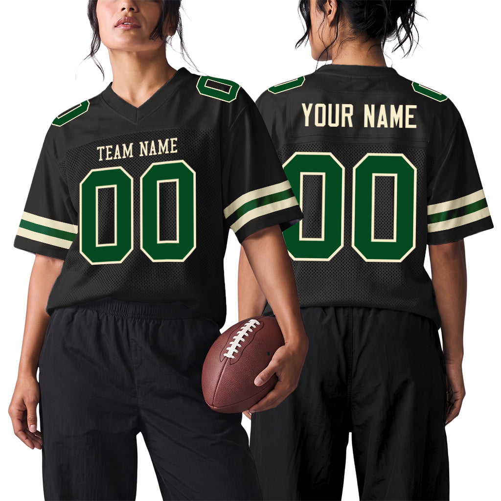 Custom Black Green-Cream Mesh Football Jersey