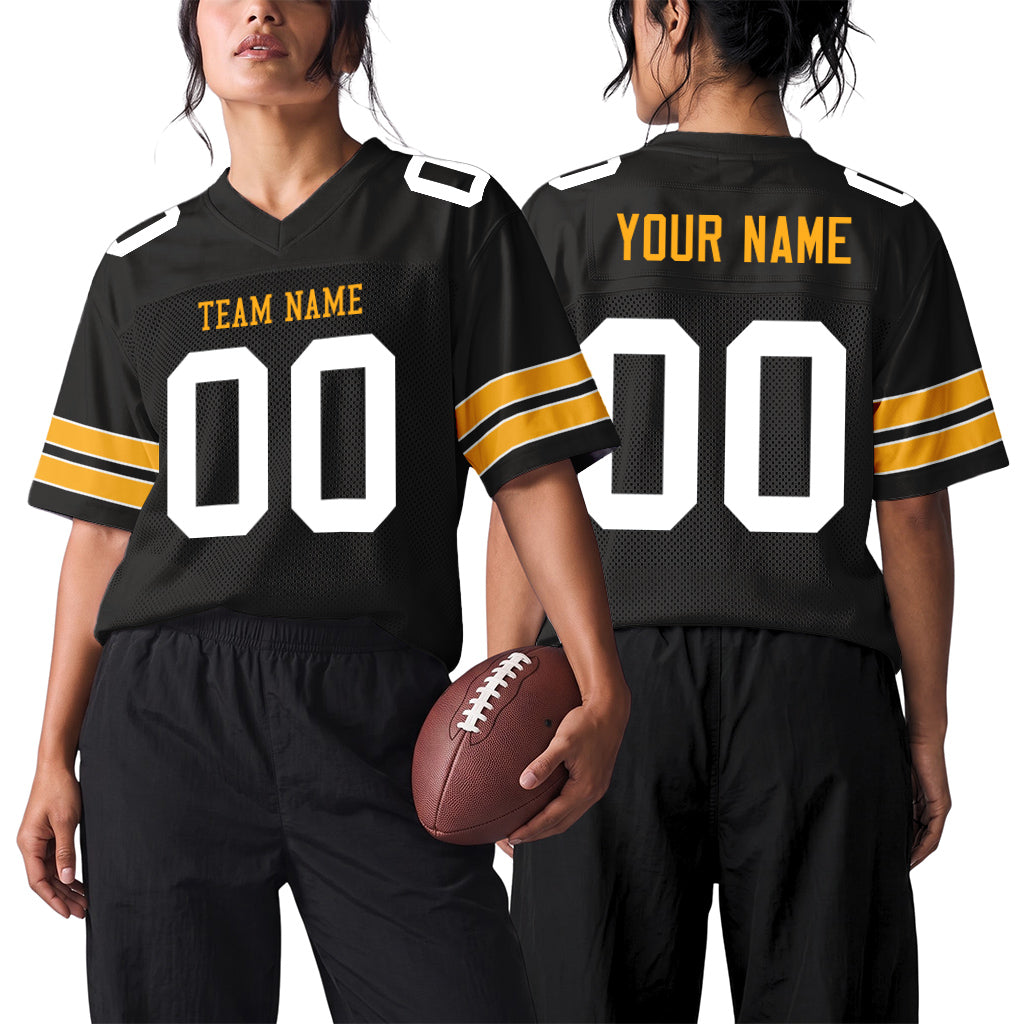 Custom Black White-Gold Mesh Football Jersey