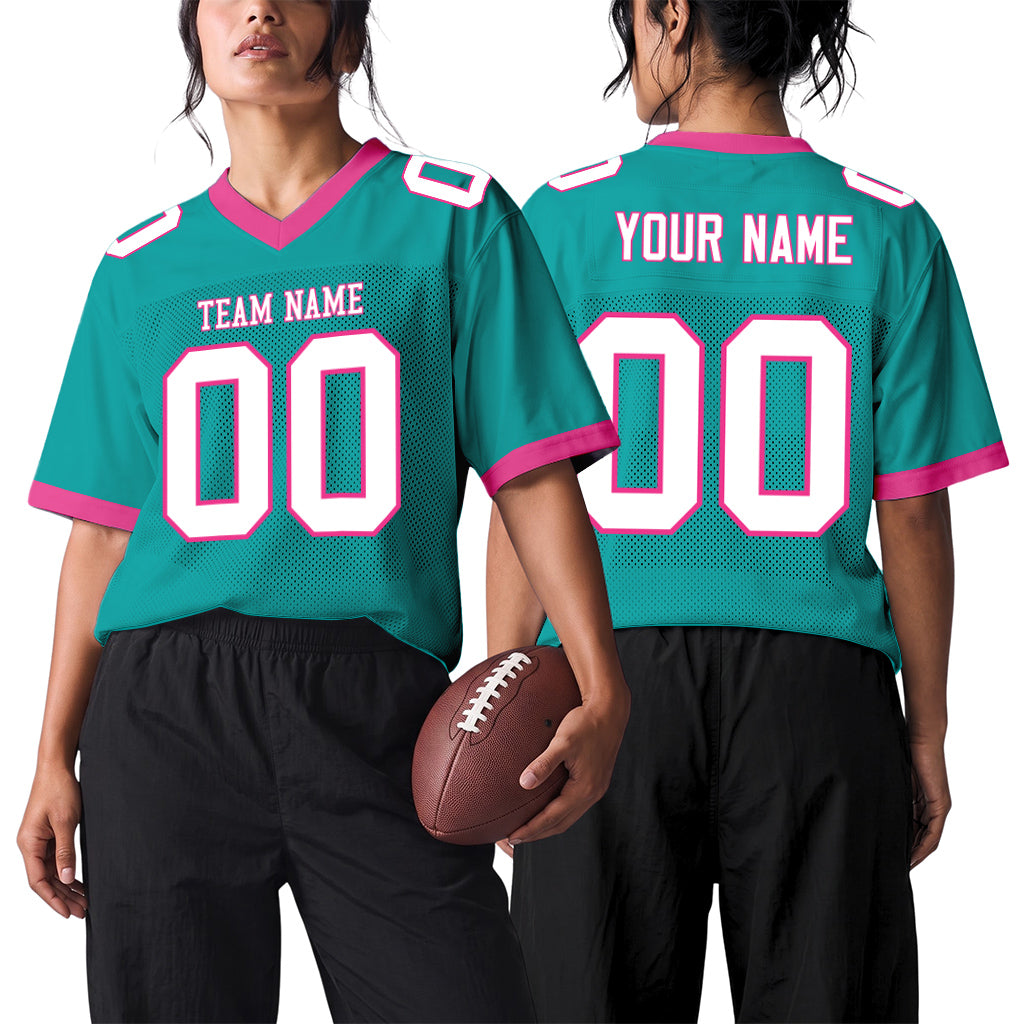 Custom Aqua White-Pink Mesh Football Jersey