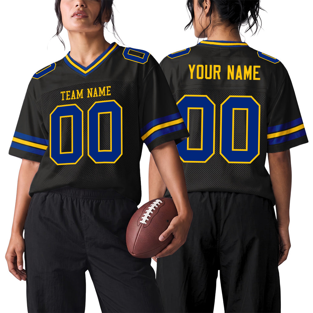 Custom Black Royal-Yellow Custom Name Mesh Football Jersey