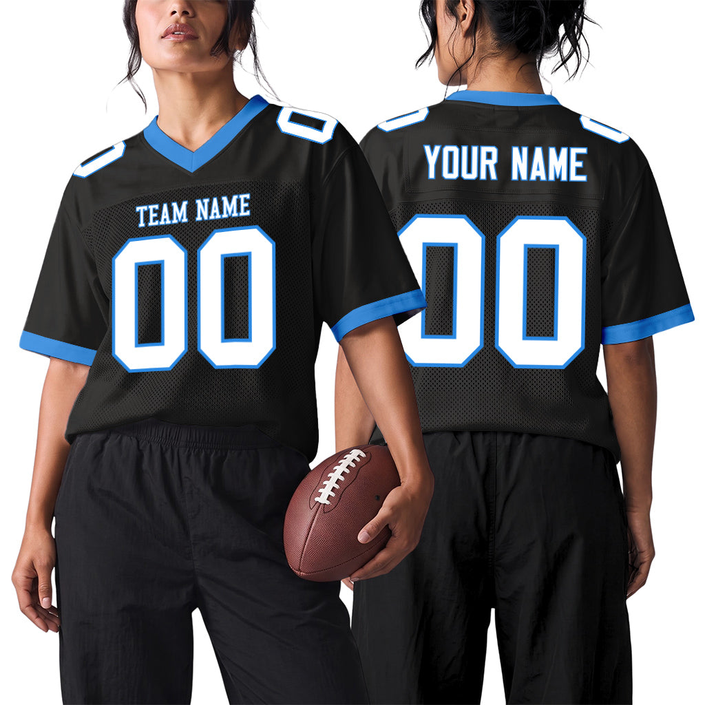 Custom Black White-Electric Blue Mesh Football Jersey