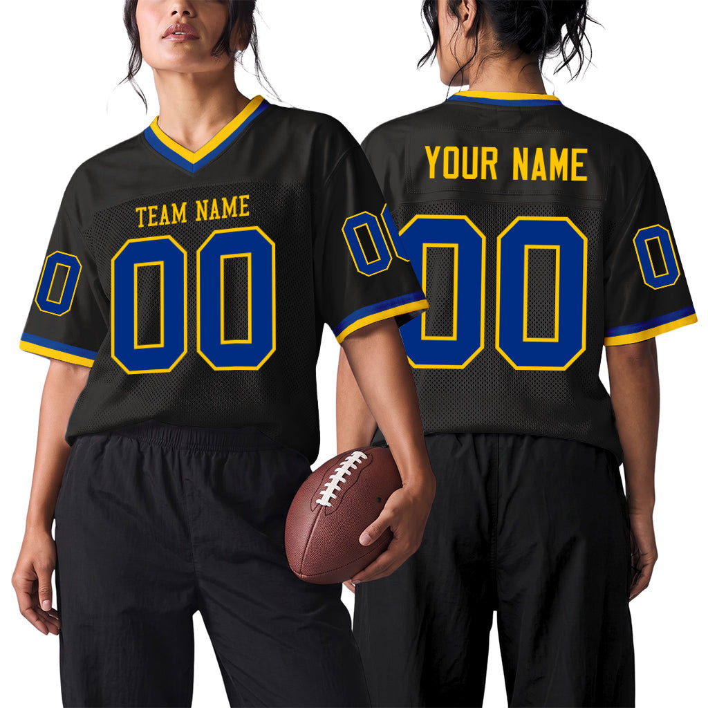 Custom Black Royal-Gold Mesh Throwback Mesh Football Jersey