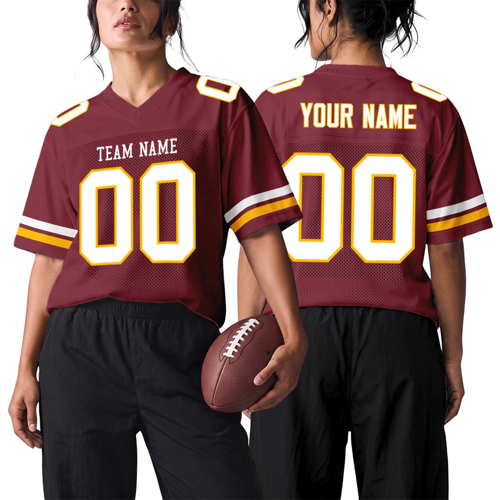 Custom Burgundy White-Gold Mesh Football Jersey