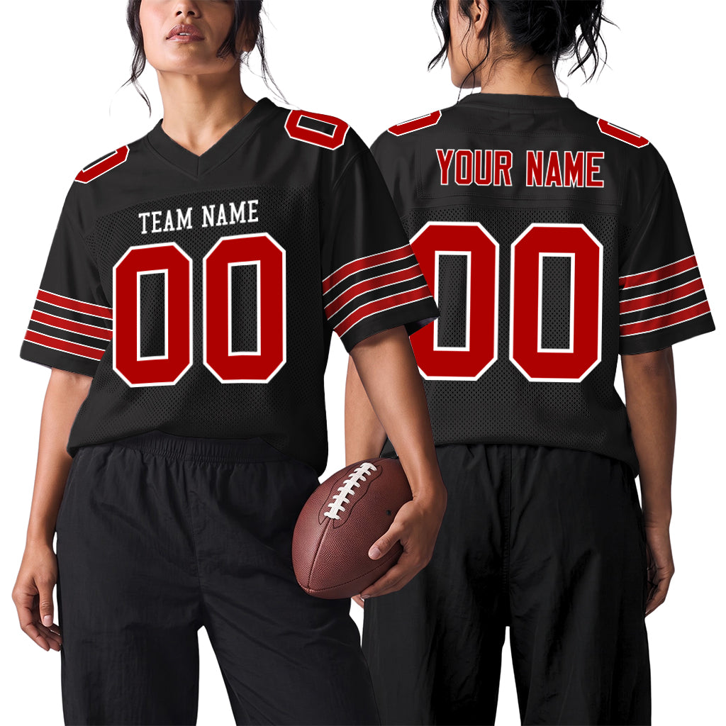 Custom Black Red-White Mesh Football Jersey