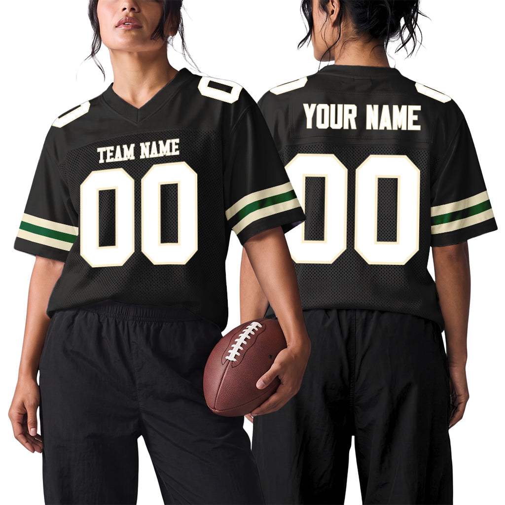 Custom Black White-Cream Mesh Football Jersey