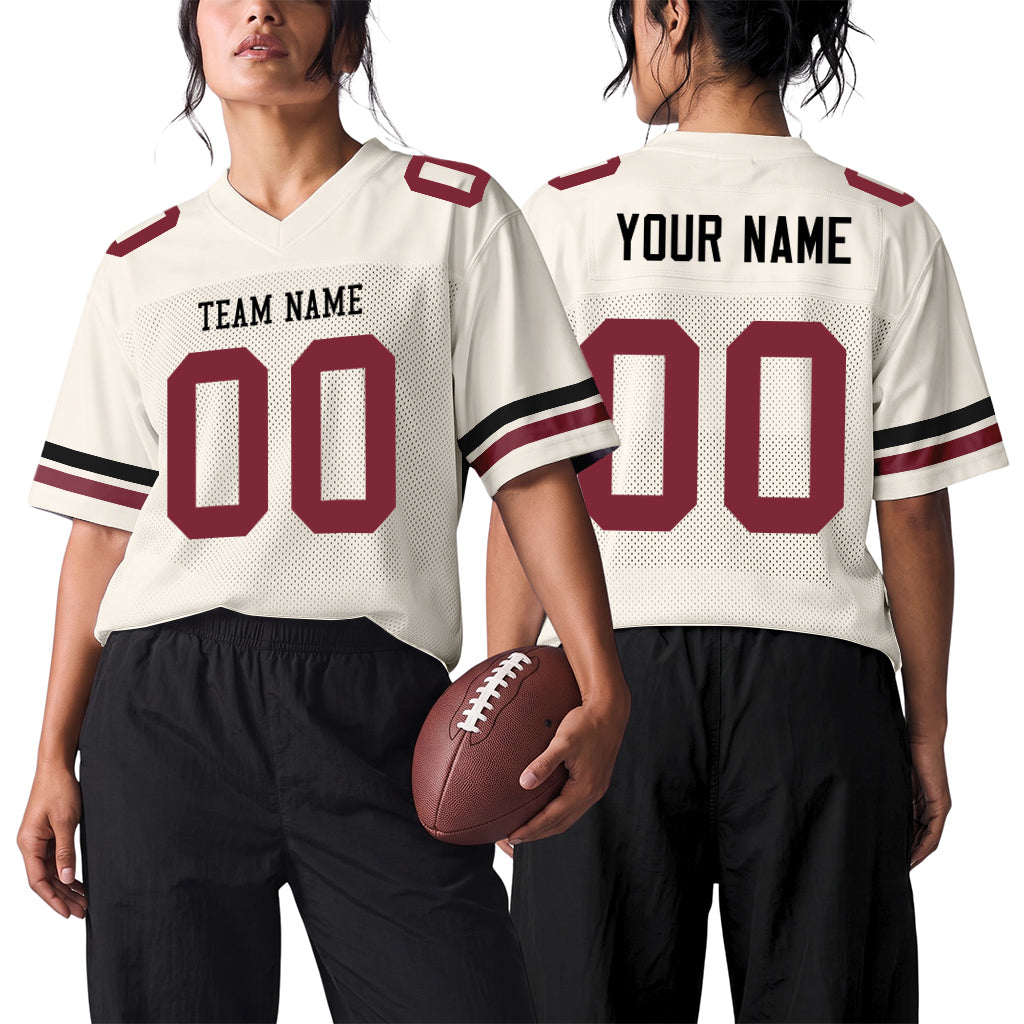 Custom Cream Black-Crimson Mesh Football Jersey