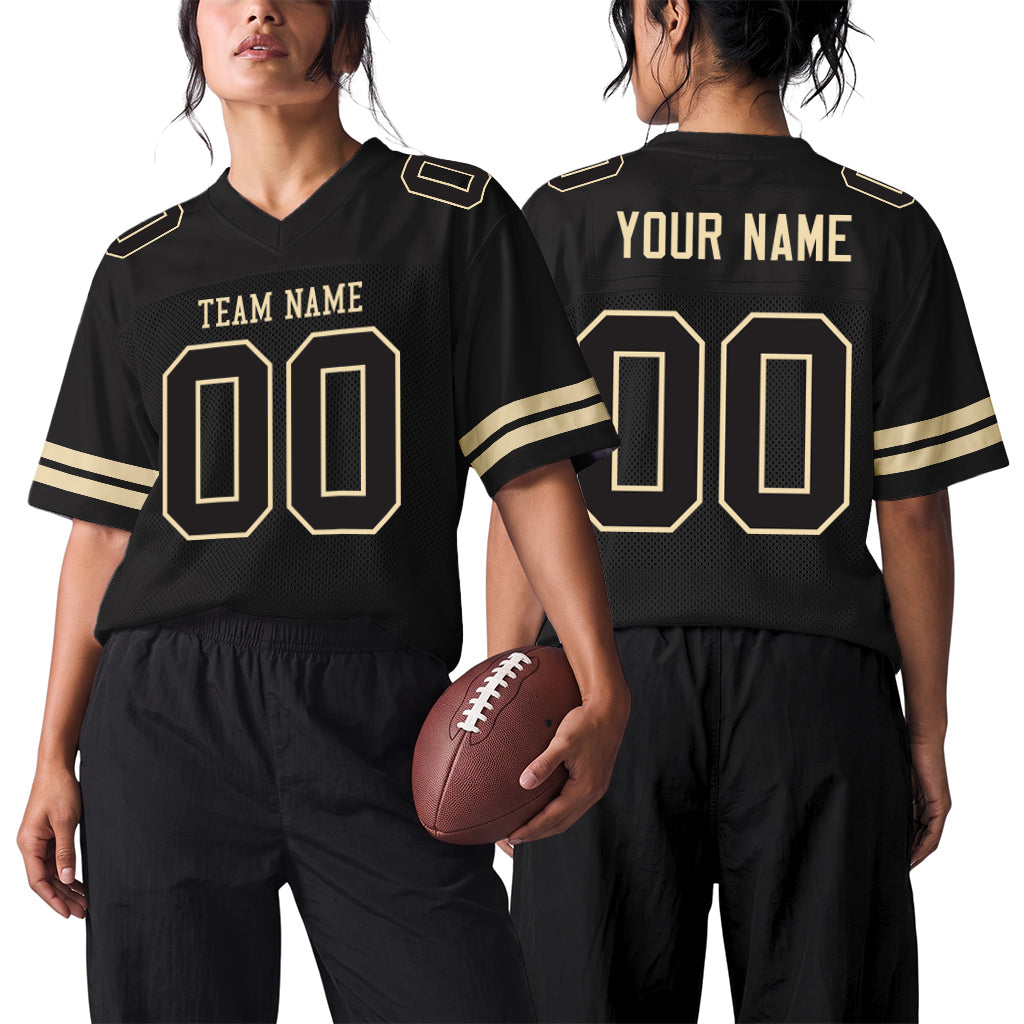 Custom Black Black-Cream Mesh Football Jersey