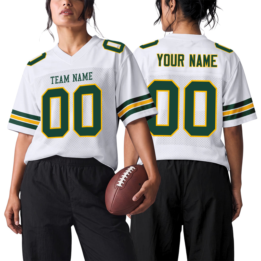 Custom White Green-Gold Mesh Football Jersey