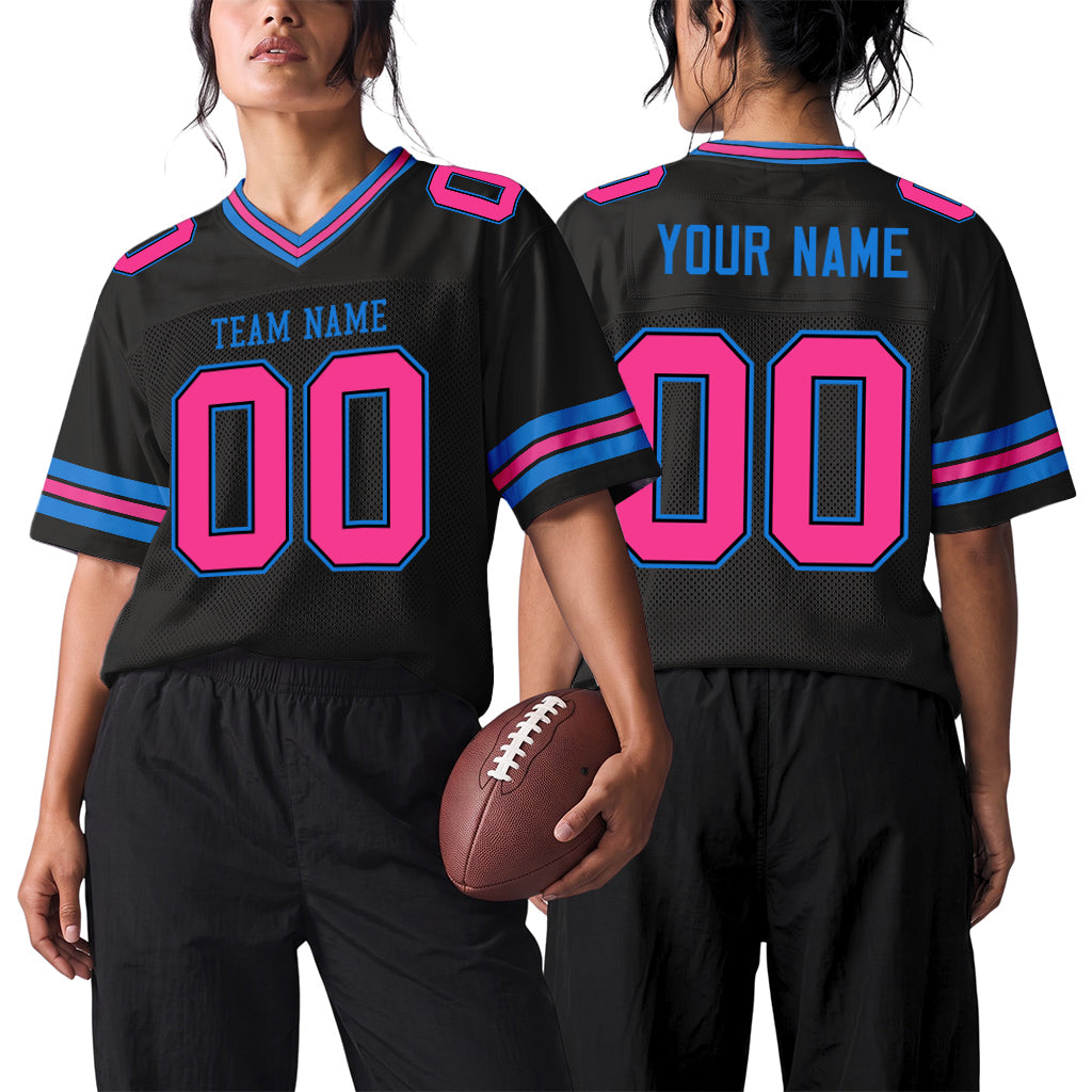 Custom Black Pink-Electric Blue Mesh Football Jersey
