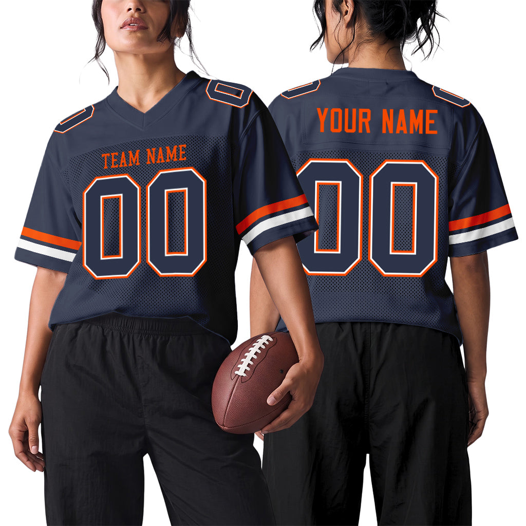 Custom Navy White-Orange Mesh Football Jersey