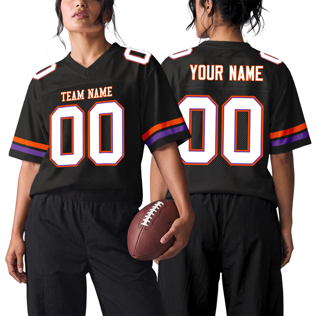 Custom Black White-Orange Mesh Football Jersey