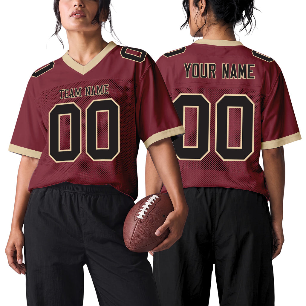 Custom Burgundy Black-Cream Mesh Football Jersey