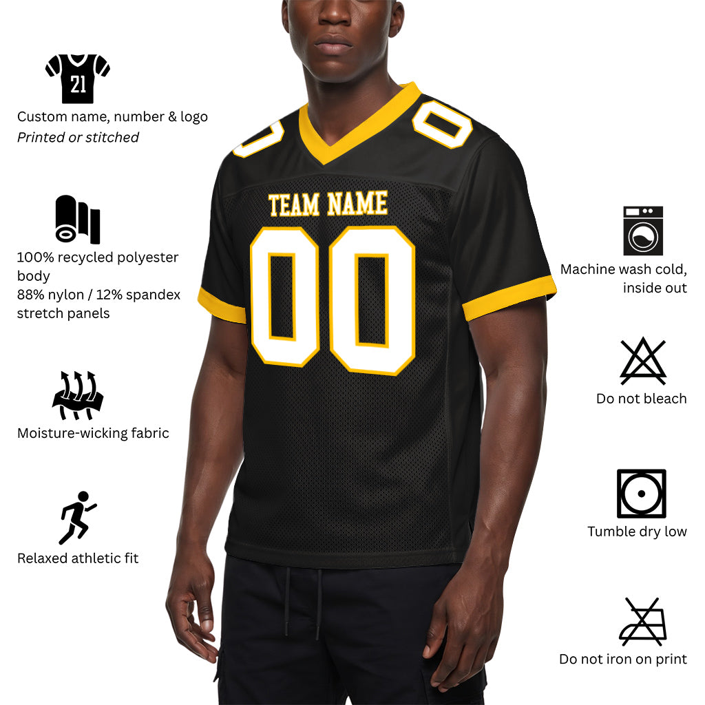 Custom Black White-Gold Mesh Football Jersey