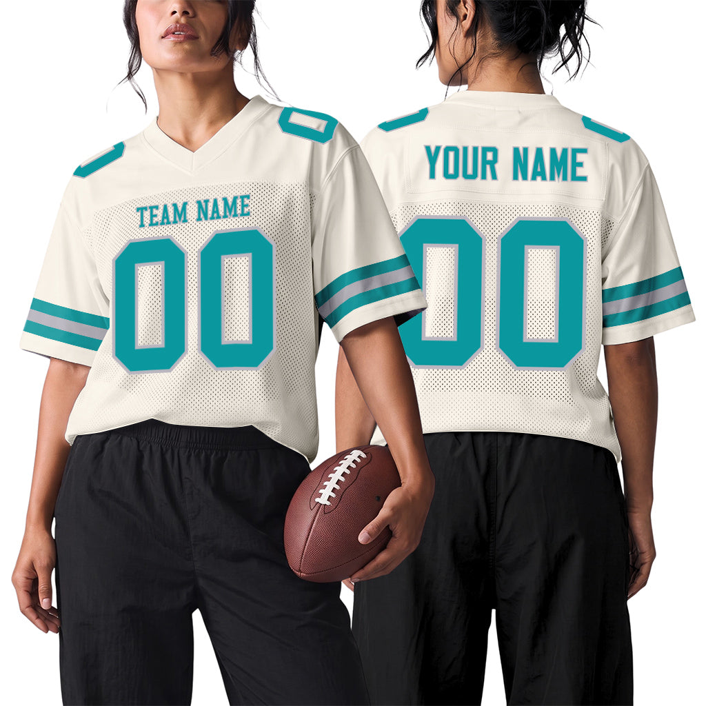 Custom Cream Teal-Gray Mesh Football Jersey