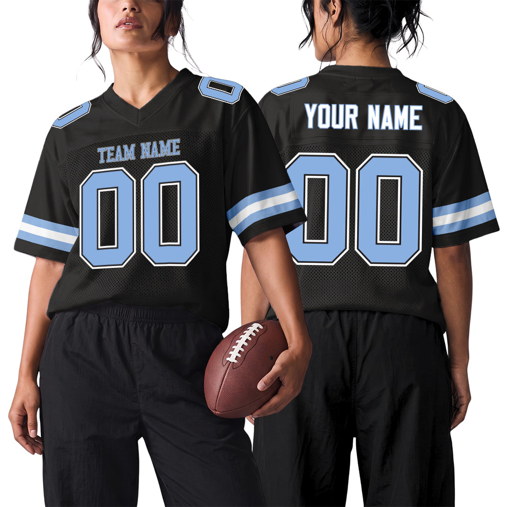 Custom Black Light Blue-White Custom Name Mesh Football Jersey